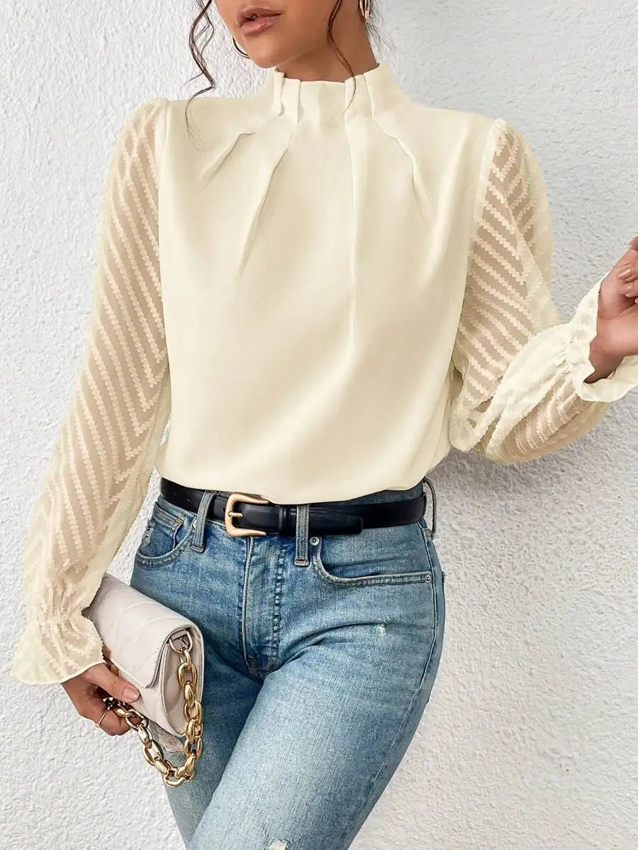 Elegant Blouse White Women's Shirt 2024 New Half High Neck Spliced Wave Pattern Chiffon Long sleeved Top Office Lady Natalia Home Fashion white-XXL Natalia Home Fashion