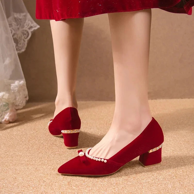 Women's Chunky Heel Pointed Toe Slip-On Shoes Wedding Dress Two-Way Wear Pearl Red Bridal Shoes Spring Autumn New Style
