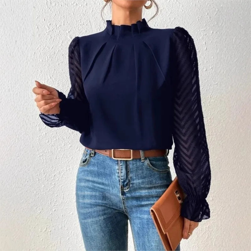 Elegant Blouse White Women's Shirt 2024 New Half High Neck Spliced Wave Pattern Chiffon Long sleeved Top Office Lady Natalia Home Fashion Natalia Home Fashion