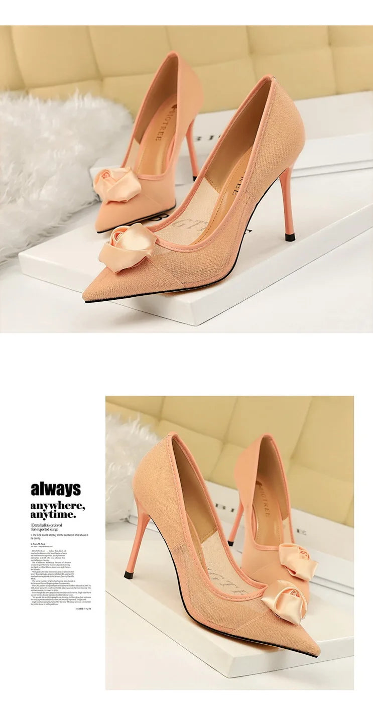 Women's Sexy Nightclub Pole Dancing Show Thin Heels High Mesh Hollowed Out Satin Rose Flower Woman Pumps