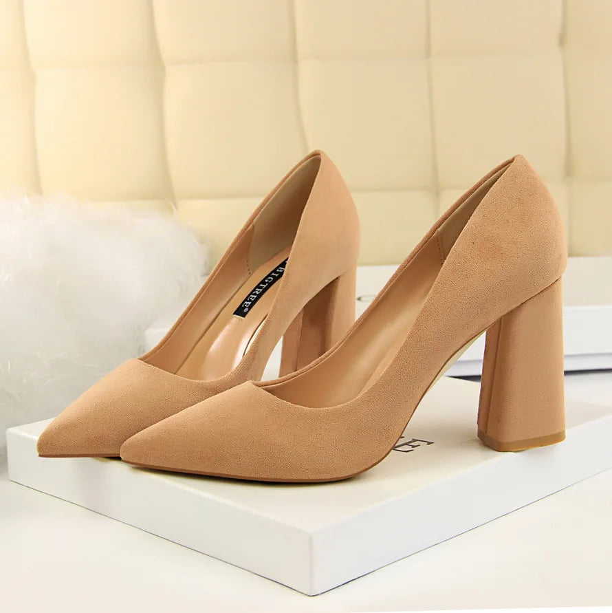 Summer Women 8.5cm High Heels Pumps Elegant Sweet Lady Wedding Block Square Middle Heels Flock Suede Nightclub Shoes