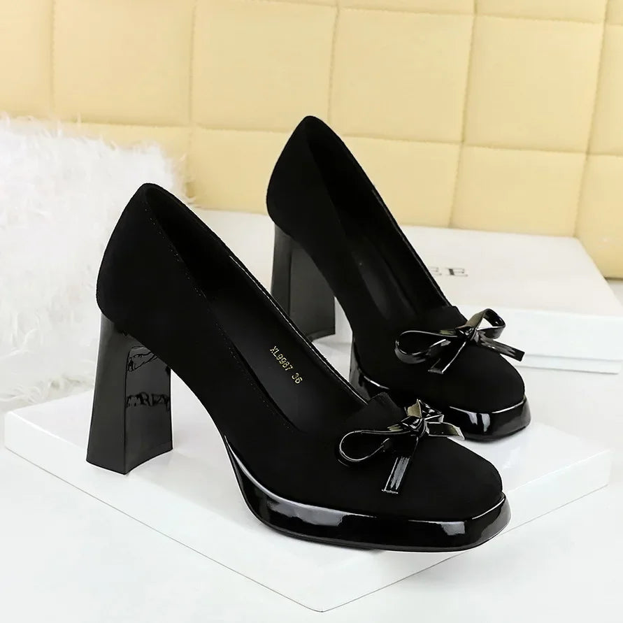 Chunky Block Heels Women Pumps Bow Decoration High Heels Square Headed Platform High Heels Suede Ladies Shoes