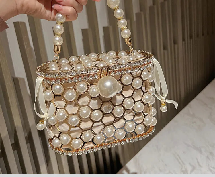 Luxury Pearl Beaded Metal Cage Hollow Out Women Handbag Rhinestones Diamond Evening Bag Wedding Party Clutch Purse Crossbody Bag