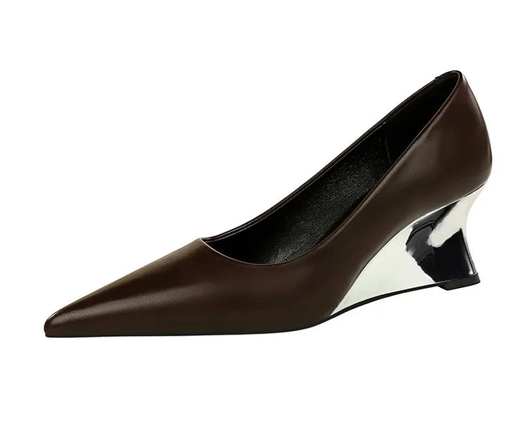 Spring Fashion Pointed Toe Pumps Woman Metal Decoration Wedges Heels Elegant Ladies Shoes