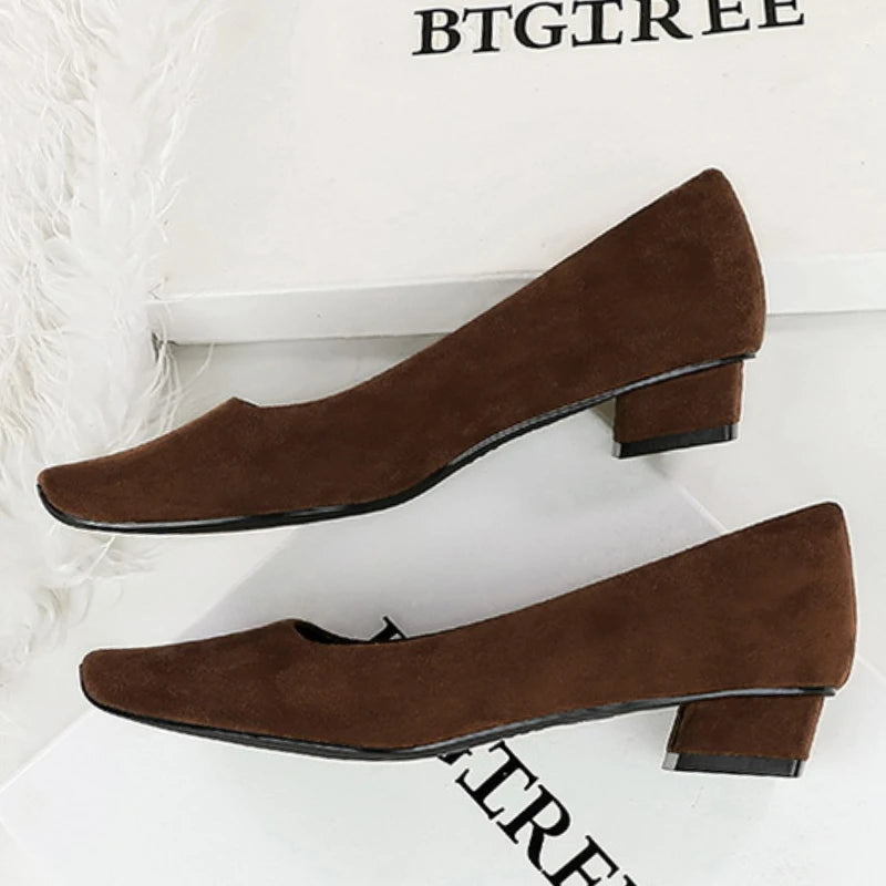 Women Fashion Style Quality Square Toe Low Heel Pumps Lady Prom Suede Shallow Mouth Thick High OL Single Shoes