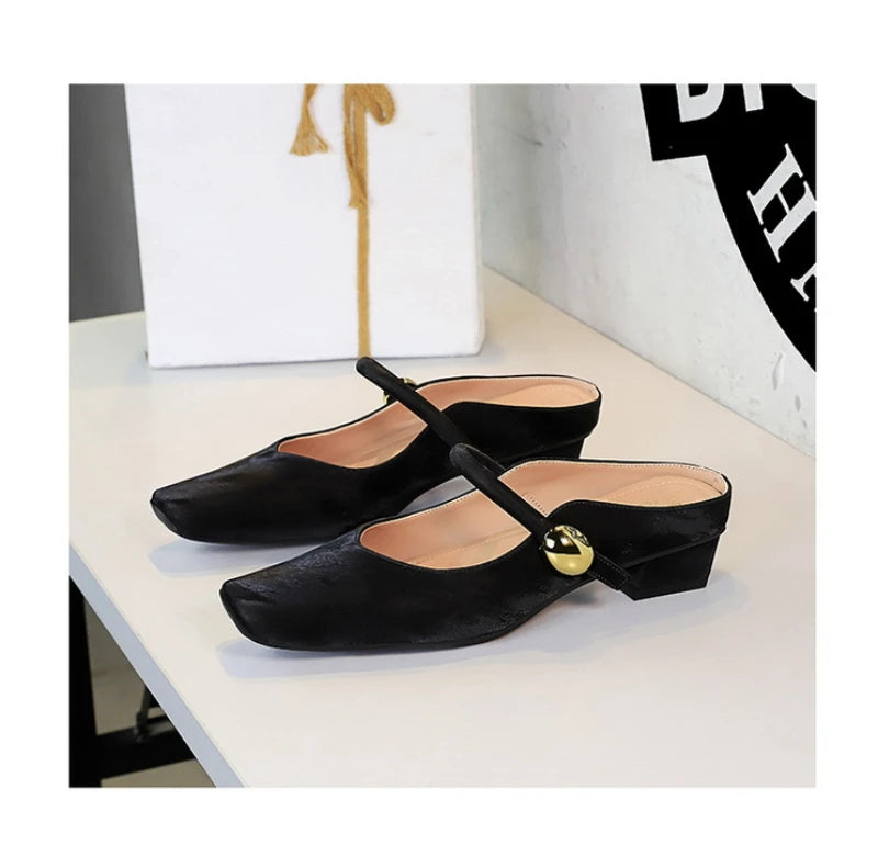 European Style Light-Mouthed Half-Slippers Women Wearing Thick Heels And Square-Toe Mary Jane Shoes One-Strap