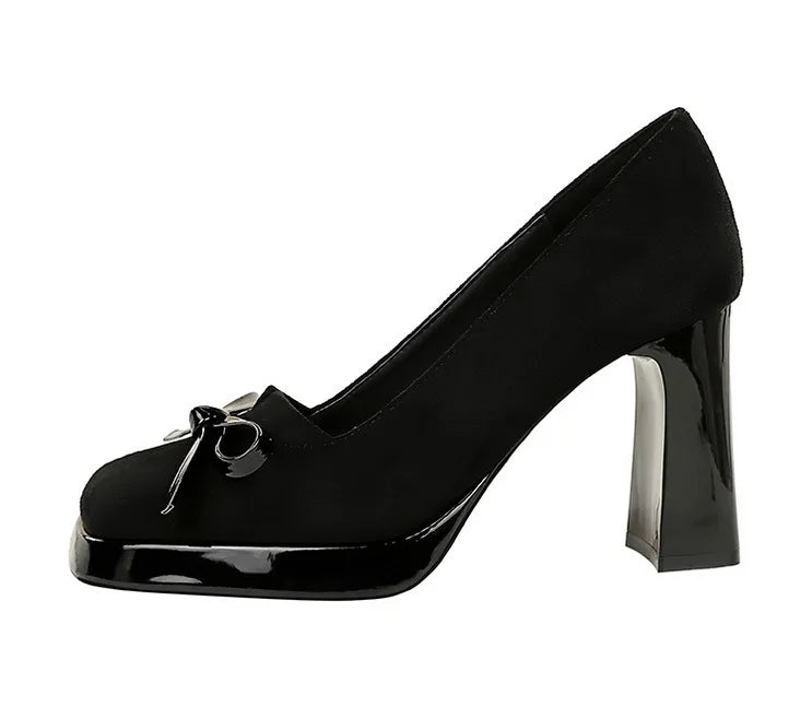 Chunky Block Heels Women Pumps Bow Decoration High Heels Square Headed Platform High Heels Suede Ladies Shoes