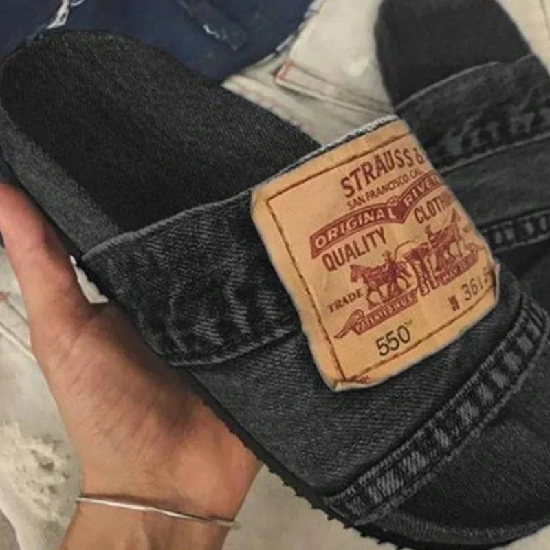 Women's Shoes Summer Shoes Women's Slippers Outdoor Solid Color Denim Open Toe Low Heel Large Size Casual Slippers