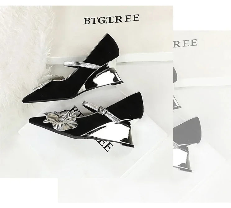 Metal Wedges 6 cm Women Pumps Flower Design High Heels Suede Sexy Party Shoes Buckle Ladies Shoes Women Wedges