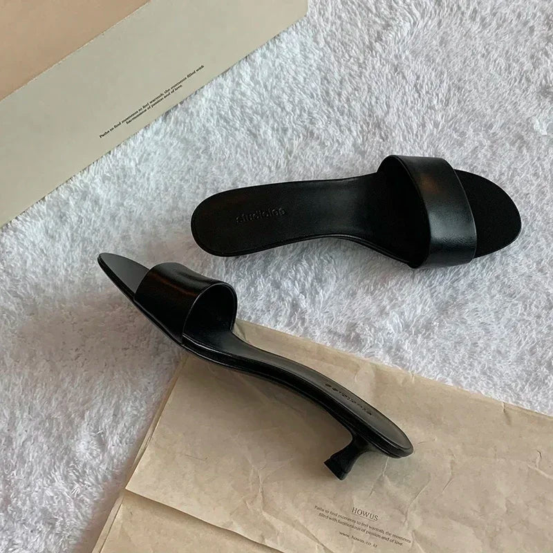 Summer High Quality Women's Shoes Fashion Open Toe Medium Heel Women's Slippers Solid Color Leather Women's High Heels