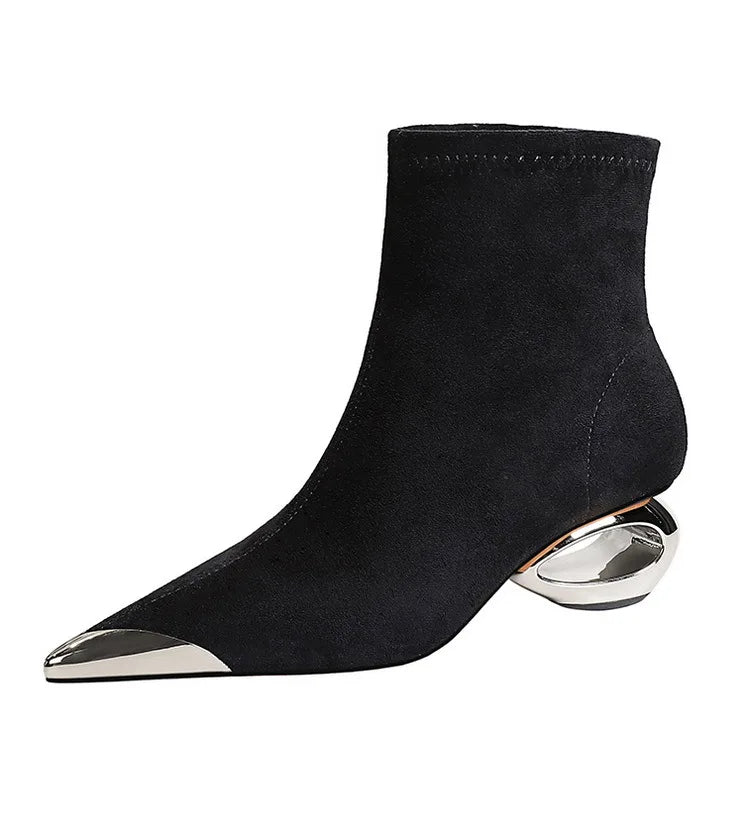 Street Style Fur Metal Hollow Heel Modern Faux Suede Short Boots for Women Metal Pointed Toe Low Heel Boots Female