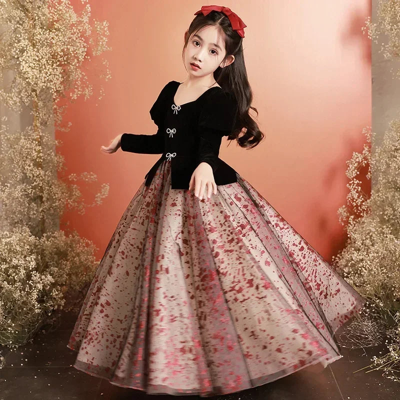 Girls Satin Mesh Tutu long Gown Children French Bubble Sleeve Princess Dress Christmas Prom Dress Birthday New Year Gift 3-15Y Natalia Home Fashion Natalia Home Fashion
