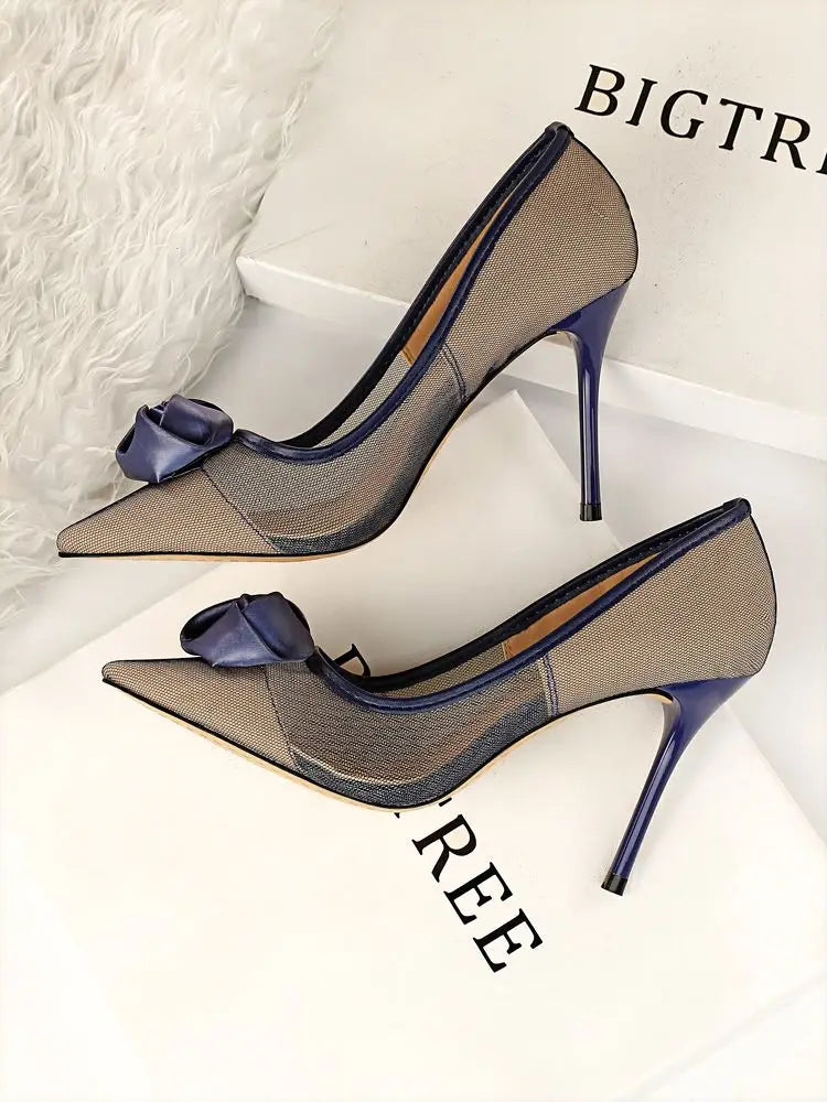 Women's Sexy Nightclub Pole Dancing Show Thin Heels High Mesh Hollowed Out Satin Rose Flower Woman Pumps