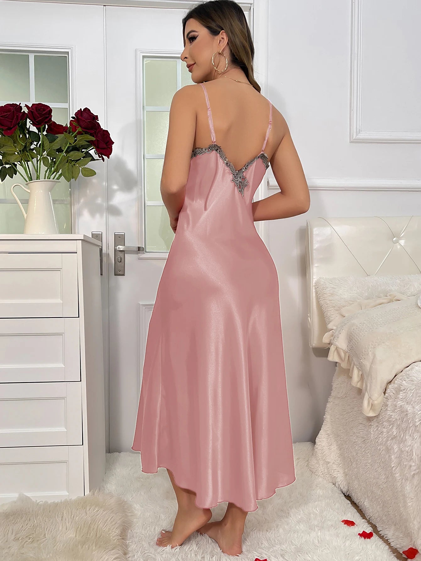 Contrast Lace Long Sleeve Belted Robe V Neck Slip Dress Sexy Elegant Women Pajamas Sets