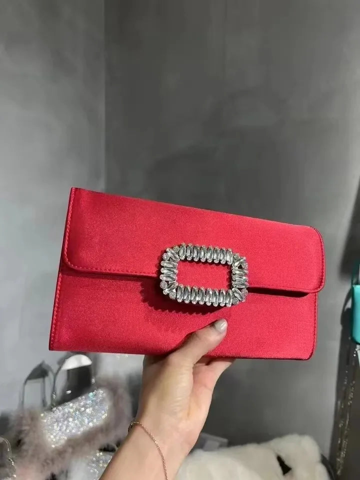 Luxury Satin Clutch Purse For Wedding Party Banquet Women's Handbag Crystal Shiny Rhinestone Diamond Evening Bag Shoulder Bag