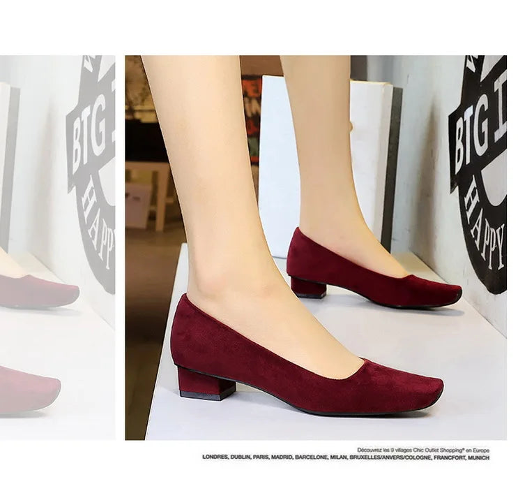 Women Fashion Style Quality Square Toe Low Heel Pumps Lady Prom Suede Shallow Mouth Thick High OL Single Shoes