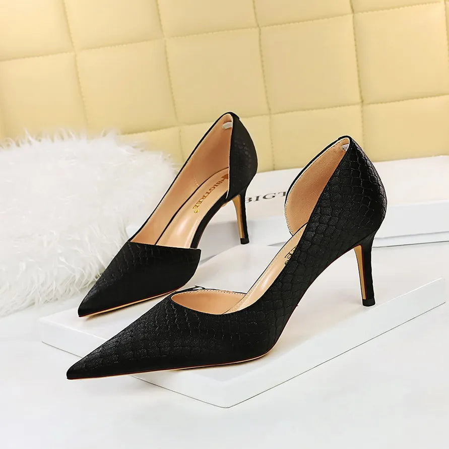 Shoes Woman Pumps Pointed Toe Shallow High Heels Snakeskin Satin Thin Heel Sandals Stiletto Party Shoes