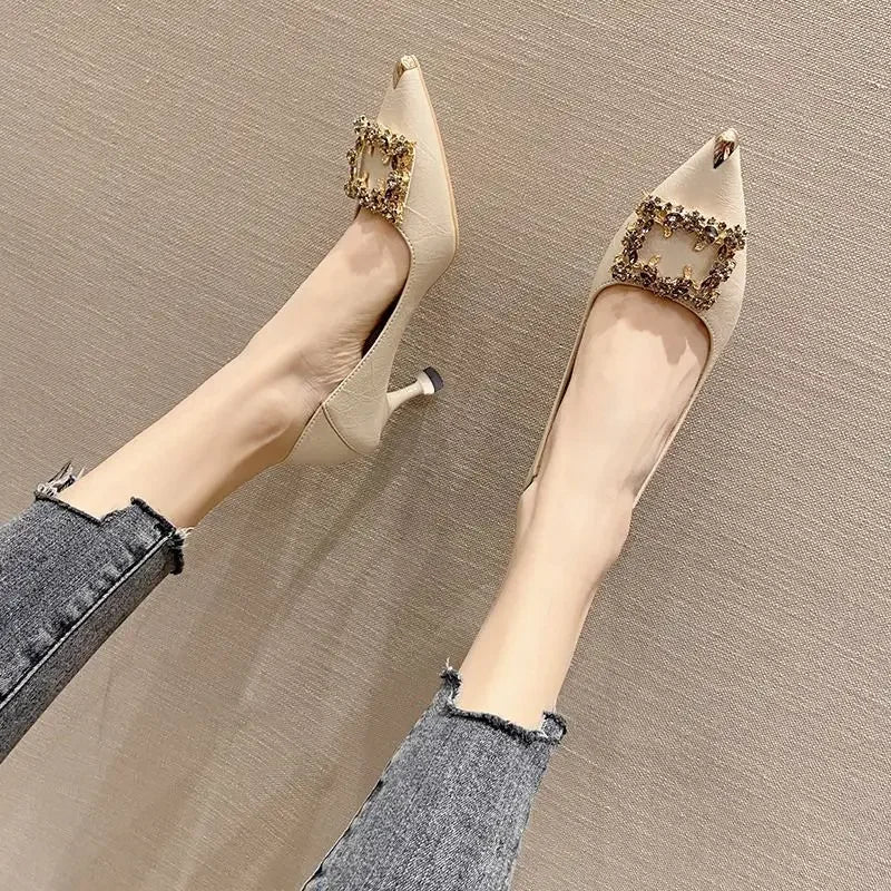 Women's High Heels Soft Leather Non-slip Fine Wedges Buckle Pointed Cat Tails French Single Shoes