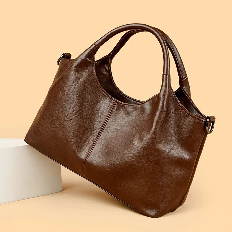 Fashionable Pure Color Basket Handbag Women's Commuter Bag Soft PU Leather Vintage Style Single Shoulder Bag with Internal Zipper