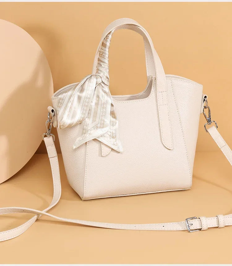 Pure Leather Cowhide Single Shoulder Crossbody Bag Ladies Handbag Fashion Bucket Bag Simple Basket Comes with Scarf