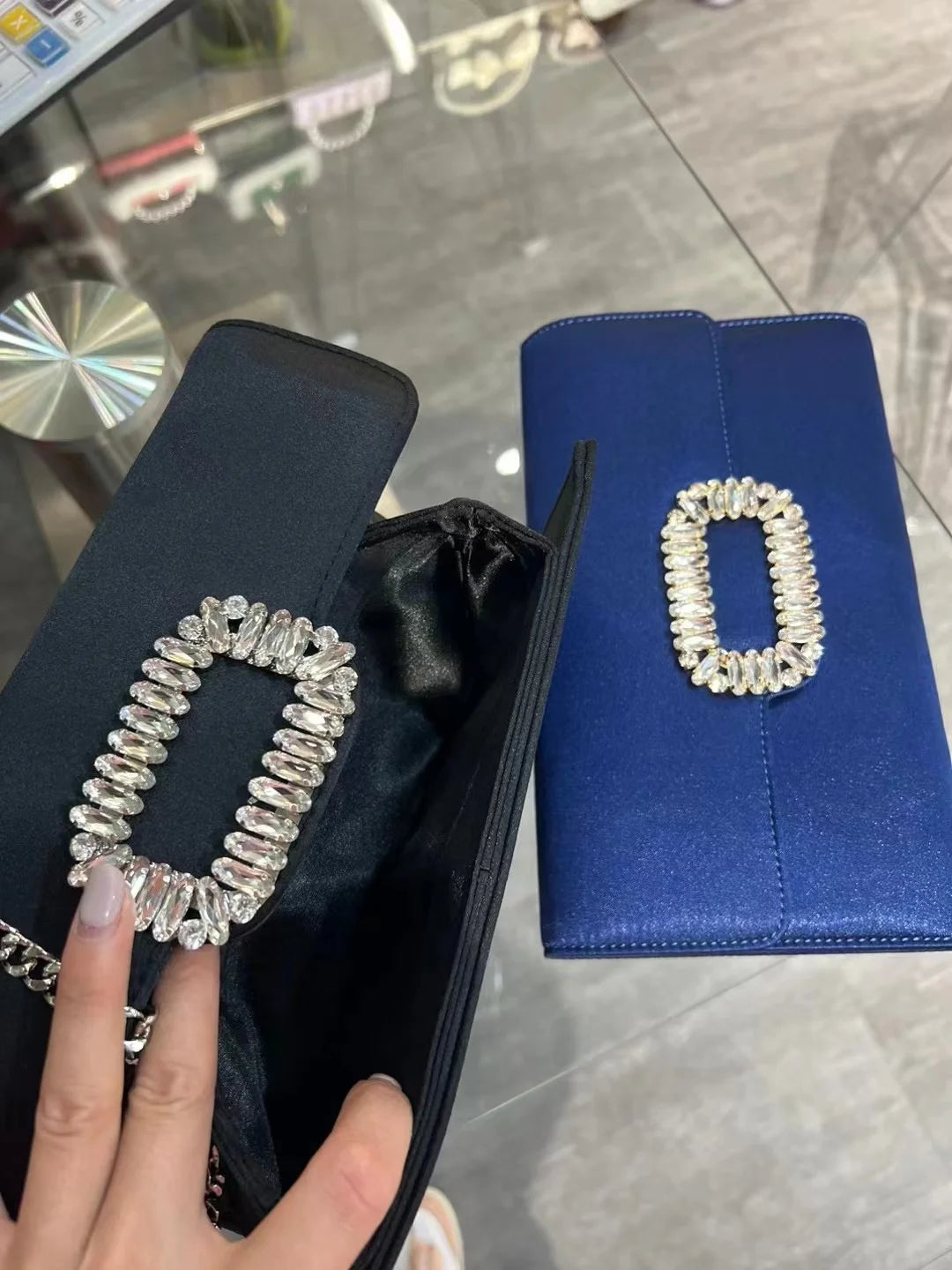 Luxury Satin Clutch Purse For Wedding Party Banquet Women's Handbag Crystal Shiny Rhinestone Diamond Evening Bag Shoulder Bag