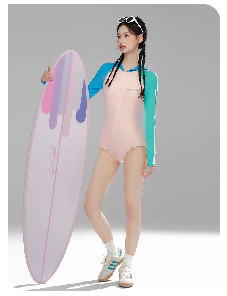 Women Long Sleeve Water Sports Outdoor Bathing Push Up Swim Wear Hooded Female Front Zipper Beach Athletic Surfing Swim Suit