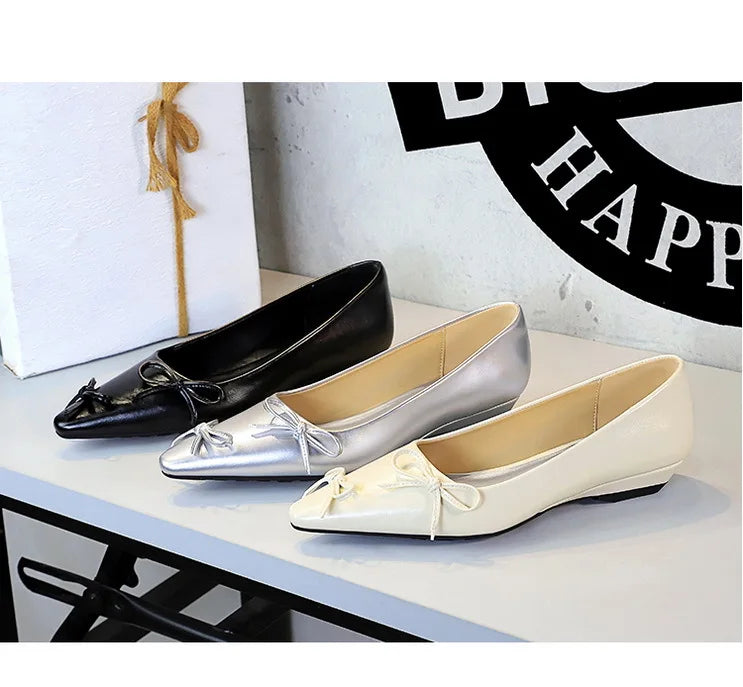Pointed End Low Heeled Shoes Women Wedges Bowknot Low Heels Pumps Elegant Banquet Shoe Kitten Heels Ladies Shoes