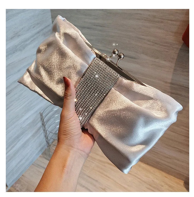 Bow women Cutch bag Luxury Party Satin Diamond Ladies Evening Bag lady Clutches small Chain messenger bags female wallet black