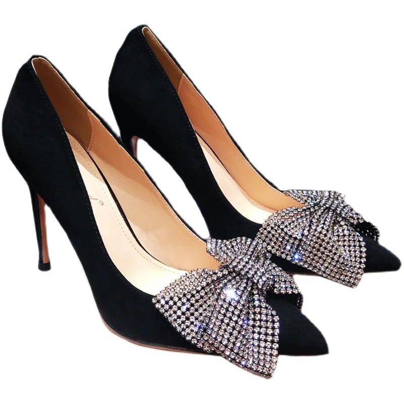 Black high-heeled shoes for women slim heel, pointed rhinestone, shallow bow, mid length single order shoes