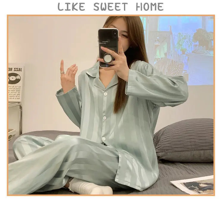 Striped Satin Pajamas Women Jacquard Loungewear Long Sleeve Trousers Two-Piece Set Solid Color Roll-Neck Cardigan Sleepwear