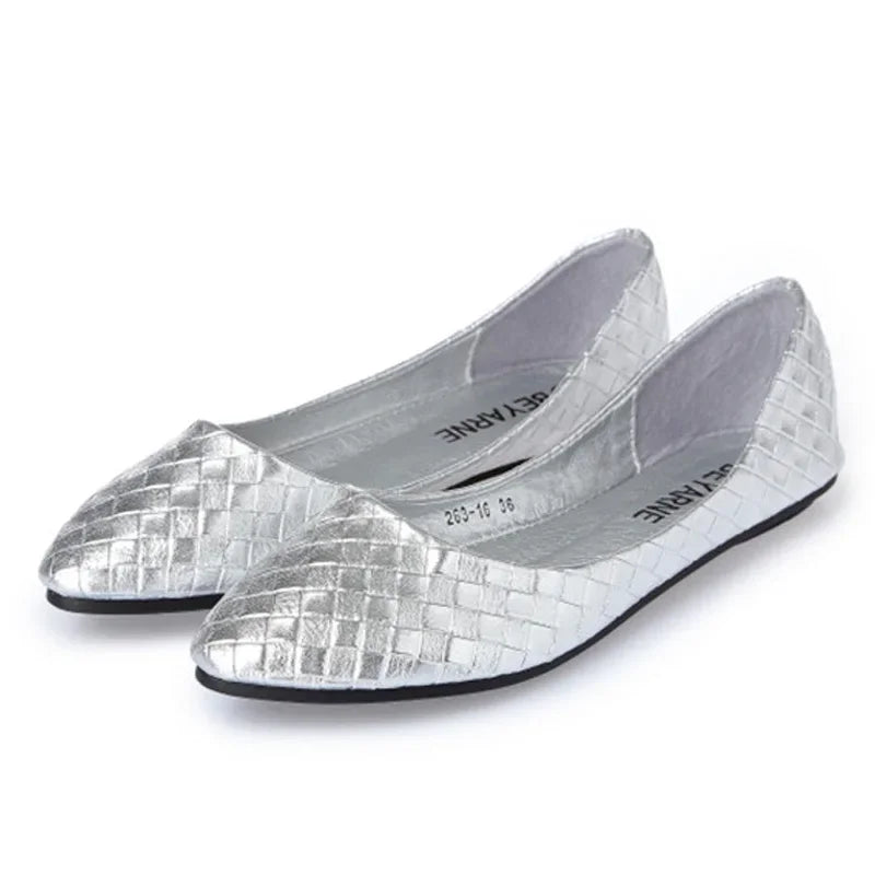 Ladies Ballet Flats Weaving Gold Silver Shoes Pointed Toe Breathable Slip-Ons Summer