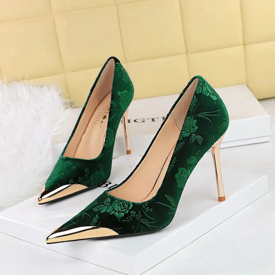 Women Vintage Velvet Evening Banquet Dress Pumps Lady 9cm 4cm High Heels Temperament Pointed Toe Royal Blue green Shoes