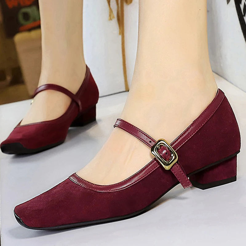 Heels Women Vintage Mary Jane shoes Metal leopard print square head Women Pumps Low heel high heels Suede