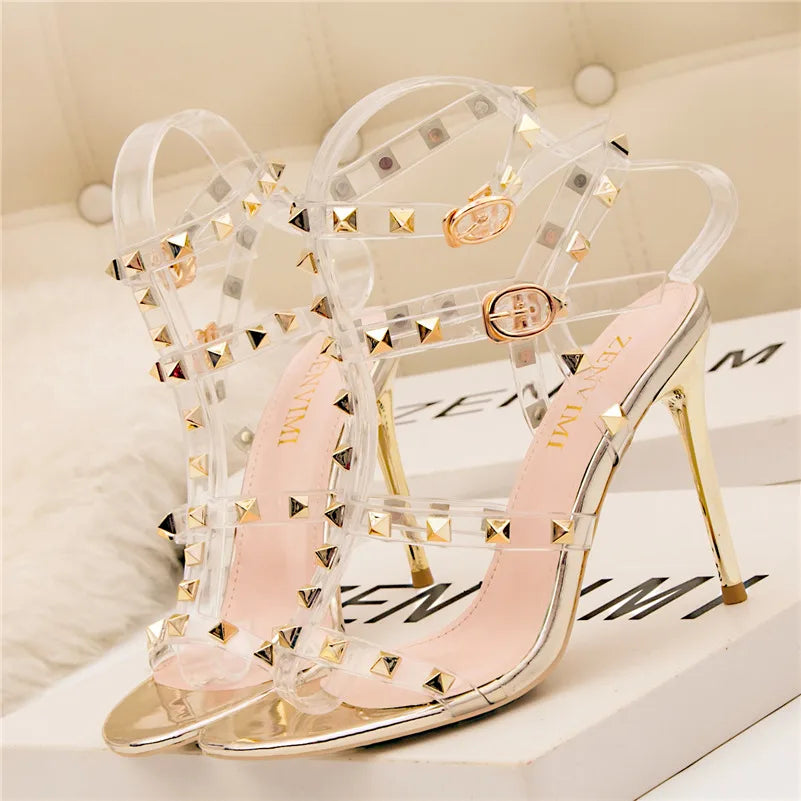 Summer Women 10cm Super High Heels Sandals Rivets Studded Stripper Valentine Strap Heels Wedding Luxury Shoes