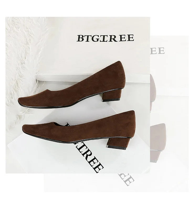 Women Fashion Style Quality Square Toe Low Heel Pumps Lady Prom Suede Shallow Mouth Thick High OL Single Shoes