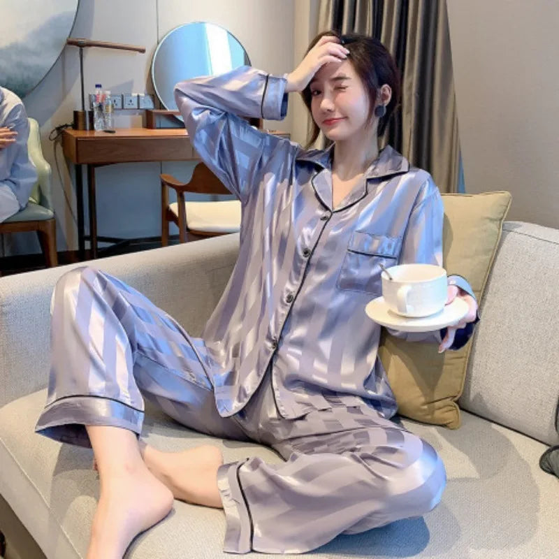 Striped Satin Pajamas Women Jacquard Loungewear Long Sleeve Trousers Two-Piece Set Solid Color Roll-Neck Cardigan Sleepwear