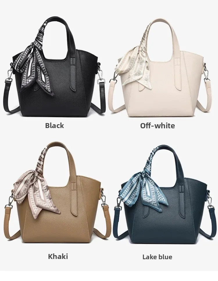 Pure Leather Cowhide Single Shoulder Crossbody Bag Ladies Handbag Fashion Bucket Bag Simple Basket Comes with Scarf