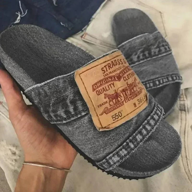 Women's Shoes Summer Shoes Women's Slippers Outdoor Solid Color Denim Open Toe Low Heel Large Size Casual Slippers