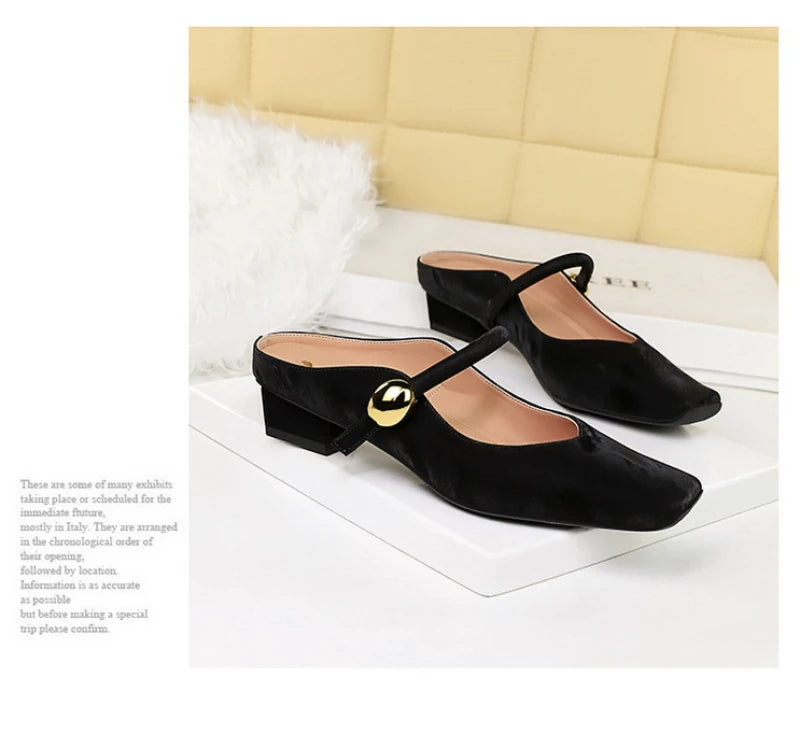 European Style Light-Mouthed Half-Slippers Women Wearing Thick Heels And Square-Toe Mary Jane Shoes One-Strap