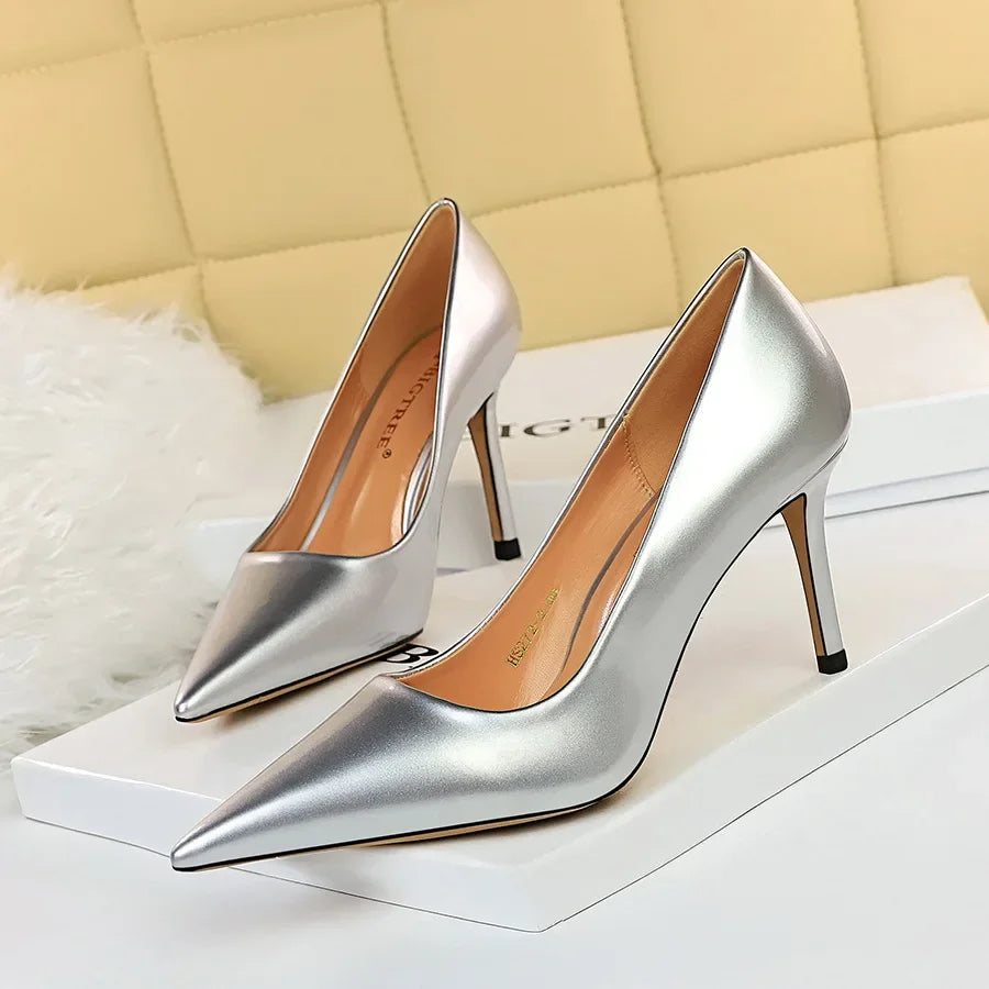 Women High Heels Scar pins Pumps Lady Glossy Leather Fetish Wedding Bridal Mid Low Heels Office Shoes
