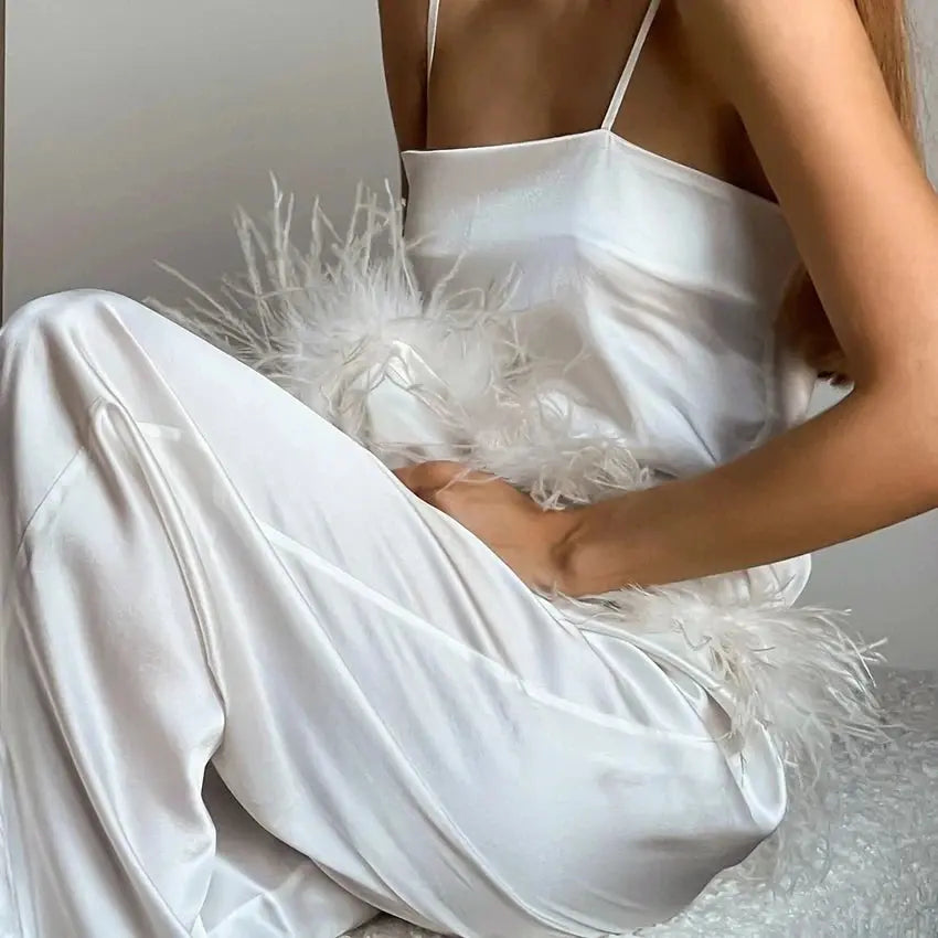 Satin Pajamas With Feathers Sleepwear Women Sets With Pants Black Spaghetti Strap Home Suit White Trouser Suits Natalia Home Fashion WHITE-M Natalia Home Fashion
