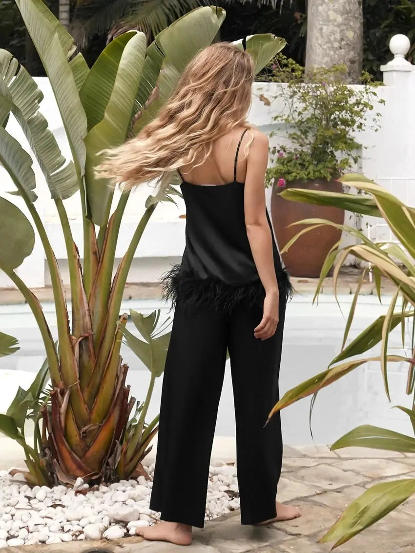 Satin Pajamas With Feathers Sleepwear Women Sets With Pants Black Spaghetti Strap Home Suit White Trouser Suits Natalia Home Fashion Natalia Home Fashion