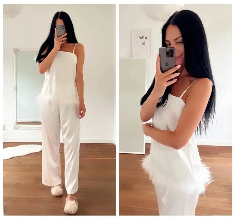 Satin Pajamas With Feathers Sleepwear Women Sets With Pants Black Spaghetti Strap Home Suit White Trouser Suits Natalia Home Fashion Natalia Home Fashion