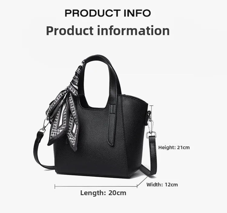 Pure Leather Cowhide Single Shoulder Crossbody Bag Ladies Handbag Fashion Bucket Bag Simple Basket Comes with Scarf