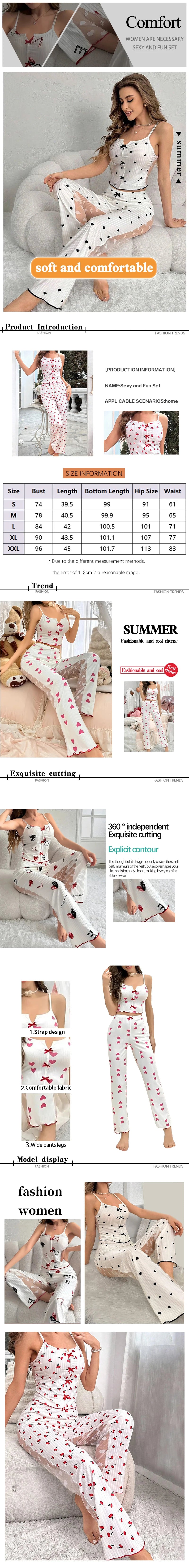 Women's 2-piece printed sleepwear semi transparent mesh casual printed vest elastic waist pants summer transparent mesh Pajama Suit