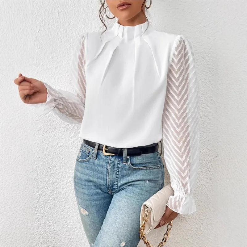 Elegant Blouse White Women's Shirt 2024 New Half High Neck Spliced Wave Pattern Chiffon Long sleeved Top Office Lady Natalia Home Fashion Natalia Home Fashion
