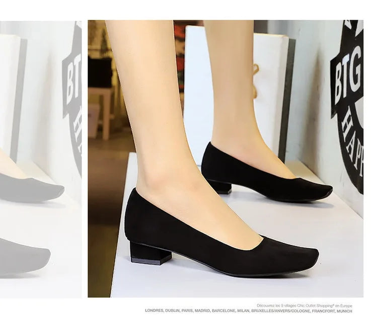 Women Fashion Style Quality Square Toe Low Heel Pumps Lady Prom Suede Shallow Mouth Thick High OL Single Shoes