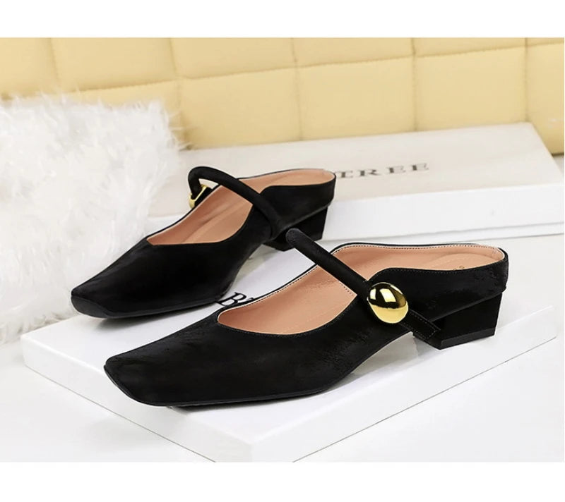 European Style Light-Mouthed Half-Slippers Women Wearing Thick Heels And Square-Toe Mary Jane Shoes One-Strap