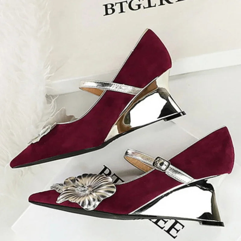 Metal Wedges 6 cm Women Pumps Flower Design High Heels Suede Sexy Party Shoes Buckle Ladies Shoes Women Wedges