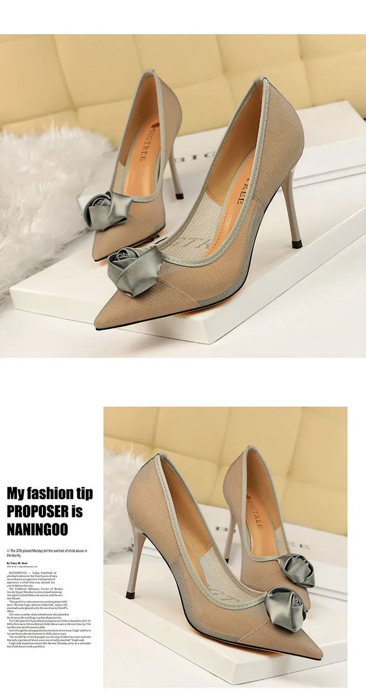 Women's Sexy Nightclub Pole Dancing Show Thin Heels High Mesh Hollowed Out Satin Rose Flower Woman Pumps